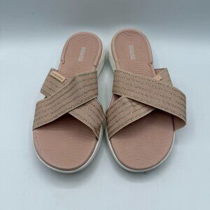 Skechers On-the-GO 600 Vegan Size 11 Washable Slide Sandals Pink Metallic Gold